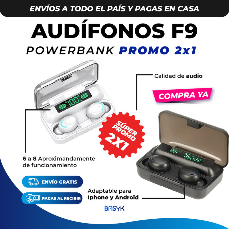 Audífonos Inalámbricos TWS F9™  Bluetooth 5.2 Negro y Blanco 2x1