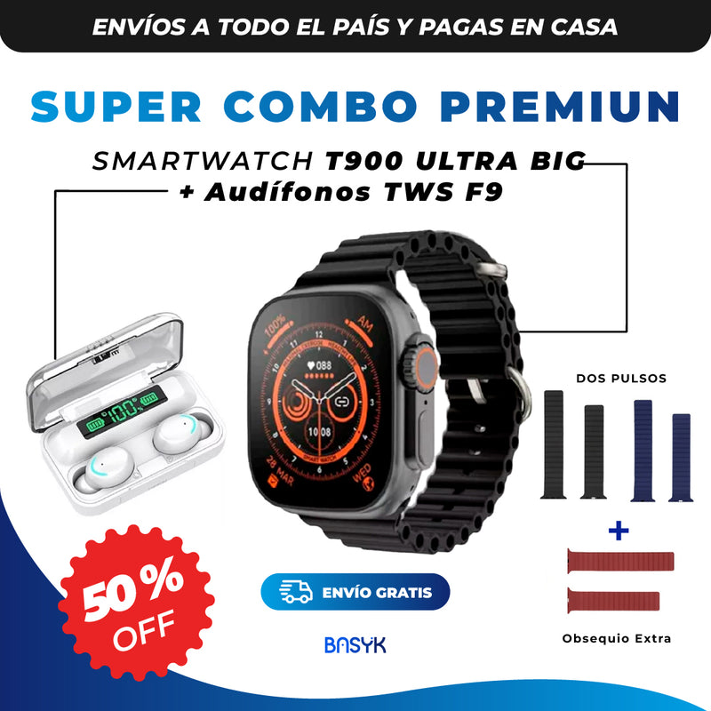 Super Combo Smartwatch T900 Ultra + Audifonos + 3 Pulsos